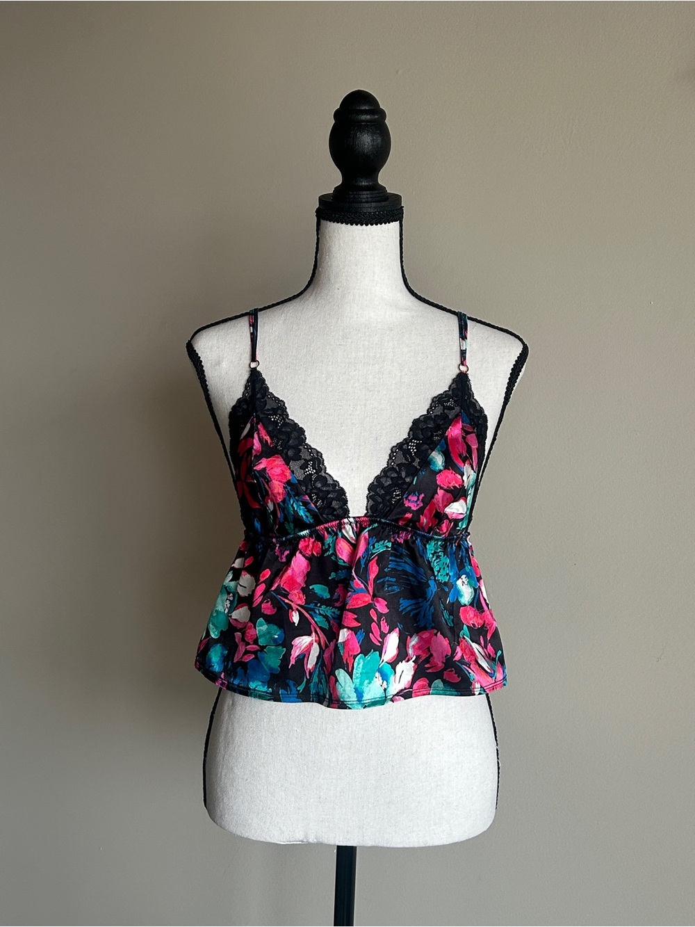 La SENZA Black Satin Floral Lace-Trim Cami - Pink & Teal Accents